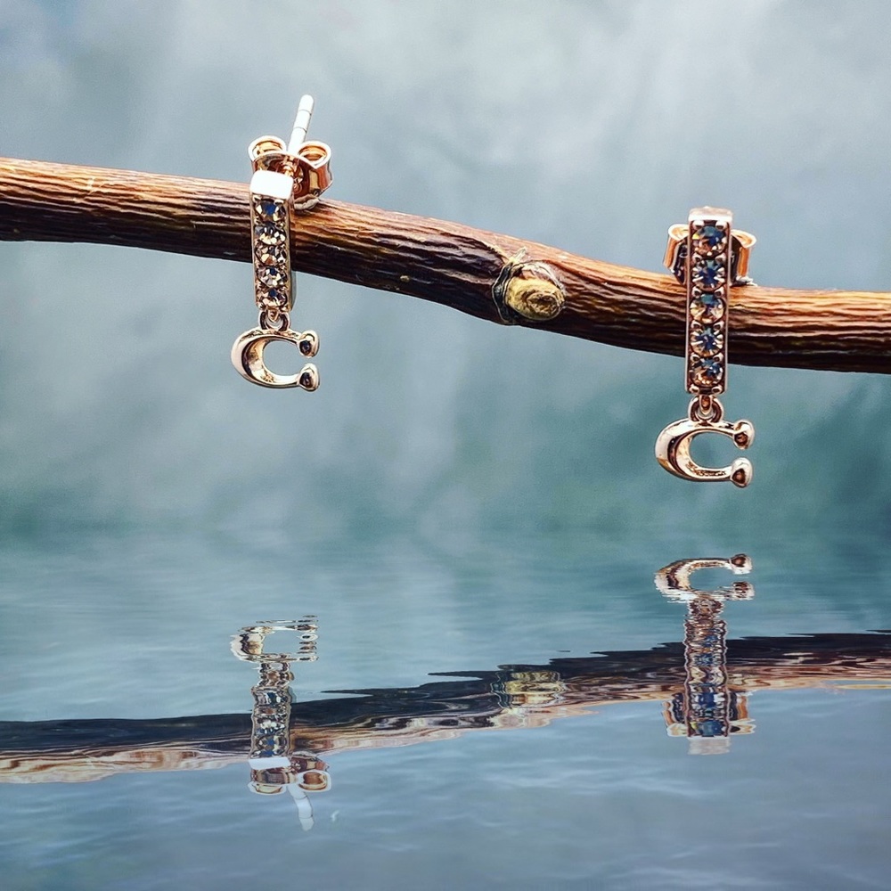 Coach signature bar rose hold pave earrings